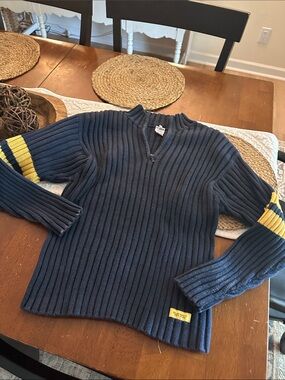 Old Navy Navy Ribbed Quarter-Zip Sweater with Yellow Sleeve Stripes